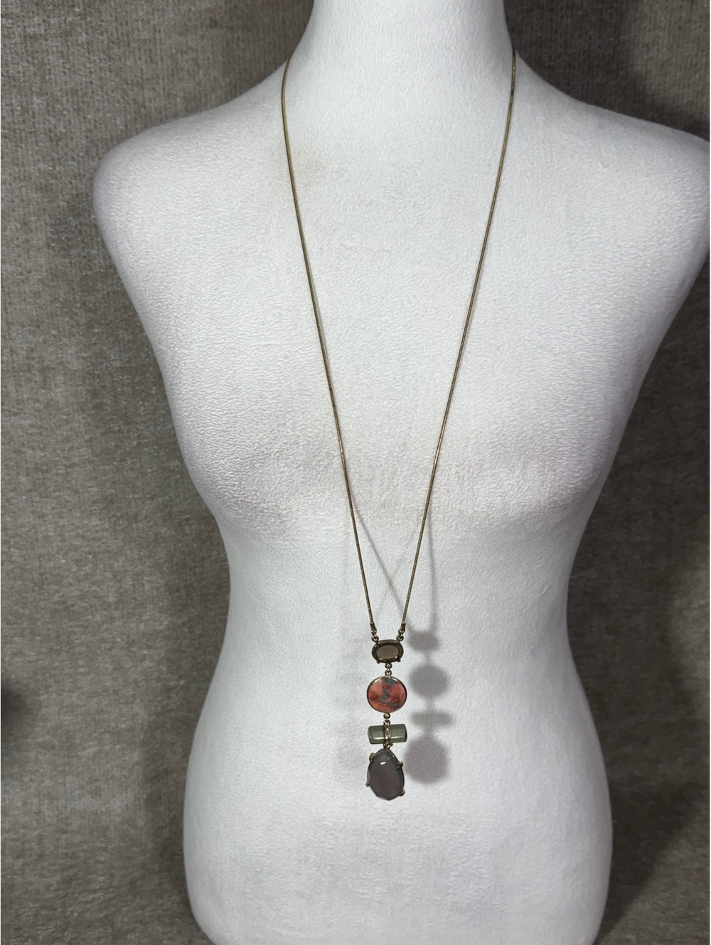 LOFT Gold Tone Mixed Stone Long Pendant Necklace Gray Black Statement